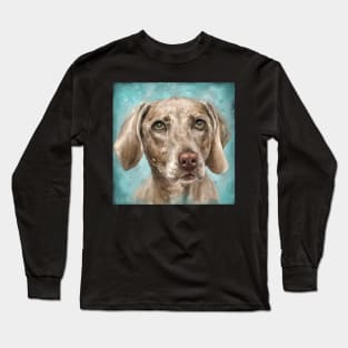 Painting of a n Adorable Grey Brown Weimaraner Dog on Blue Background Long Sleeve T-Shirt